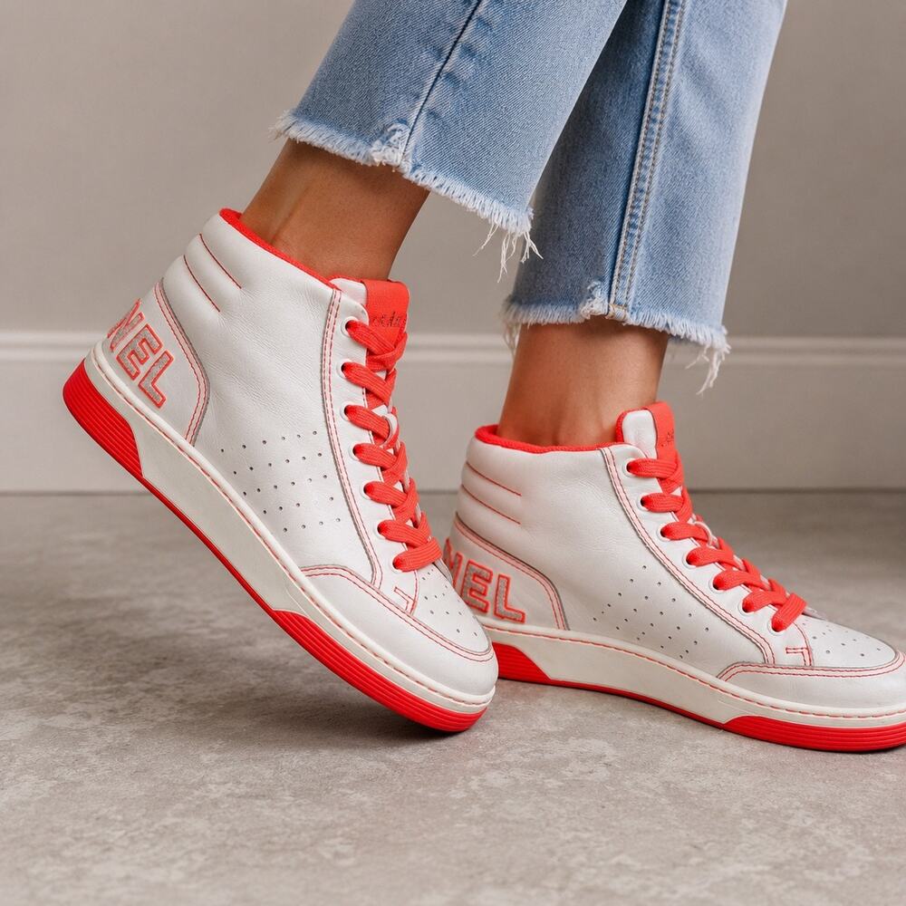 Chanel White Neon Coral Leather High Top Sneakers Sz 42